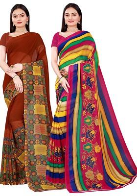 Brown Embroidered Georgette Saree Set (Set Of 2)