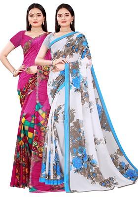 Magenta Printed Georgette Saree Set (Set Of 2)