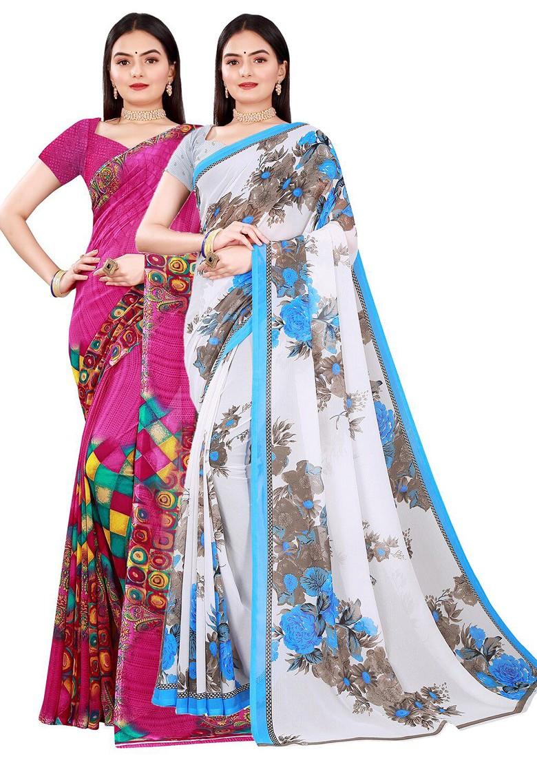 Magenta Printed Georgette Saree Set (Set Of 2)