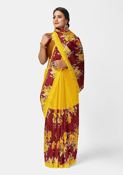 Yellow Floral Georgette Saree Set