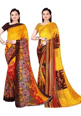 Yellow Floral Poly Blend Saree Set (Set Of 2)