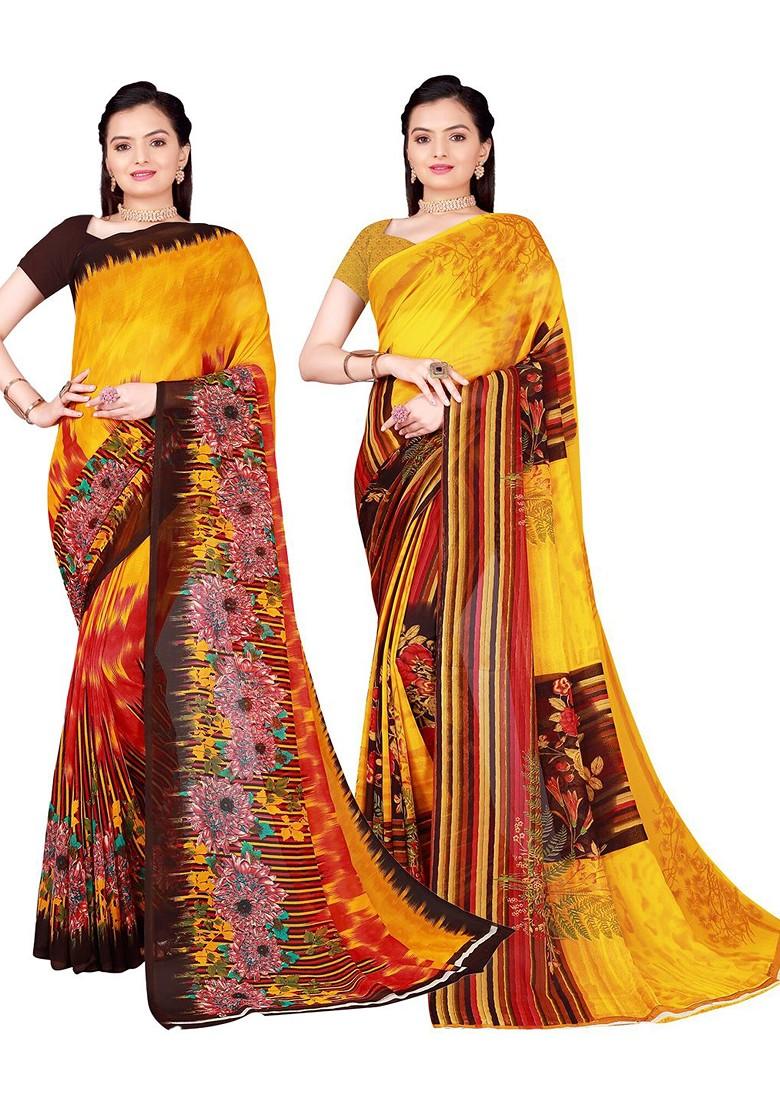 Yellow Floral Poly Blend Saree Set (Set Of 2)