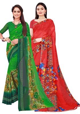 Green Geometric Print Georgette Saree Set (Set Of 2)