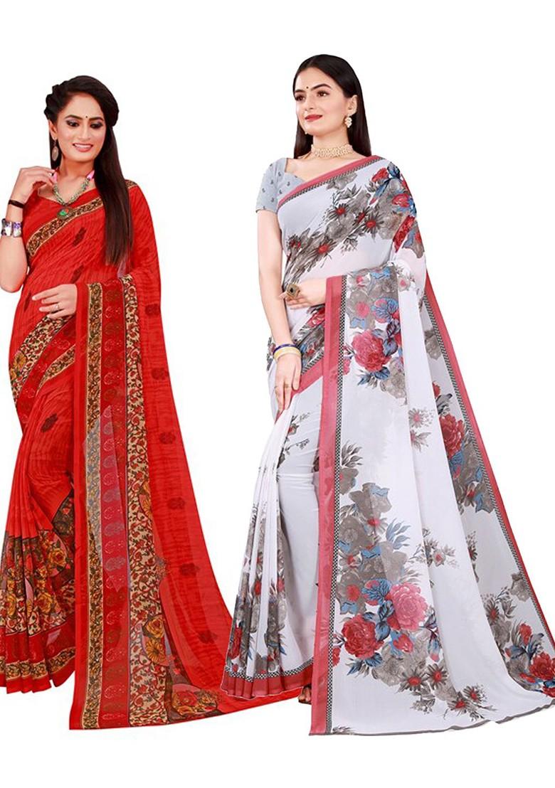 White Embroidered Georgette Saree Set (Set Of 2)