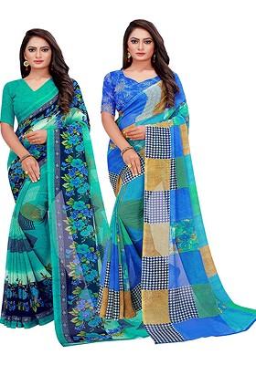 Blue Printed Georgette Saree Set