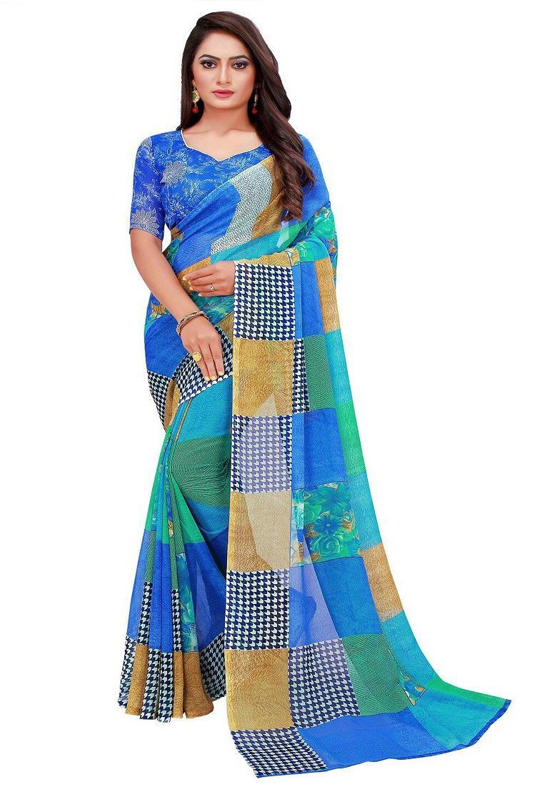 Blue Printed Georgette Saree Set