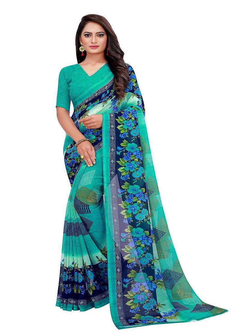 Blue Printed Georgette Saree Set
