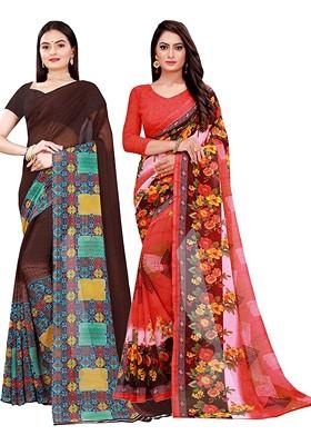 Brown Embroidered Georgette Saree Set