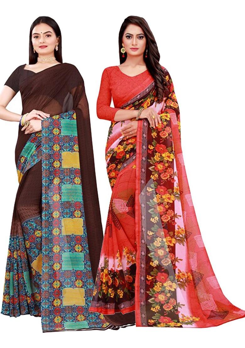 Brown Embroidered Georgette Saree Set