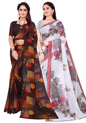 Black Embroidered Georgette Saree Set (Set Of 2)