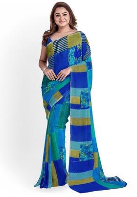 Blue Printed Georgette Saree Set