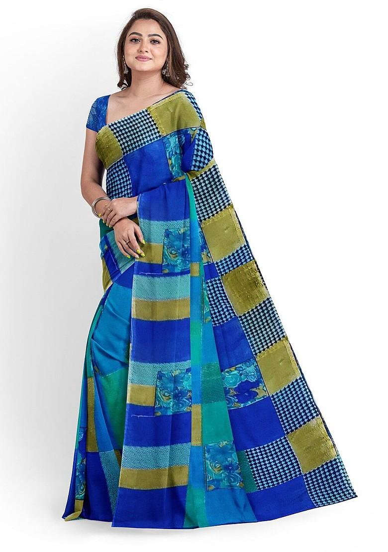 Blue Printed Georgette Saree Set