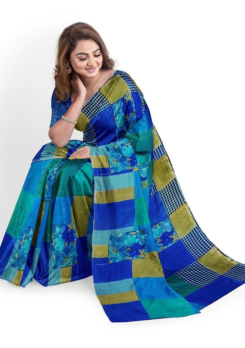 Blue Printed Georgette Saree Set