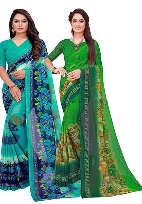 Green Floral Poly Blend Saree Set (Set Of 2)