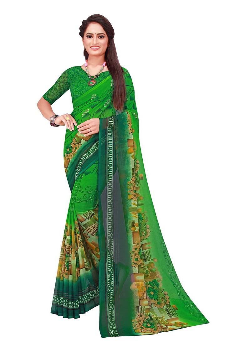 Green Floral Poly Blend Saree Set (Set Of 2)