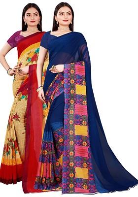 Beige Embroidered Georgette Saree Set (Set Of 2)