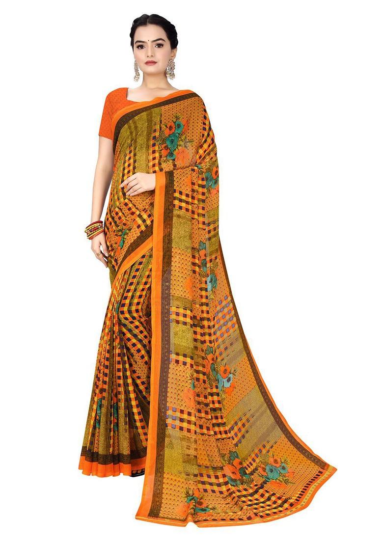 Orange Floral Georgette Saree Set