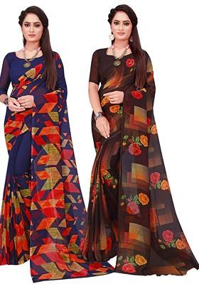 Navy Blue Printed Georgette Saree Set (Set Of 2)
