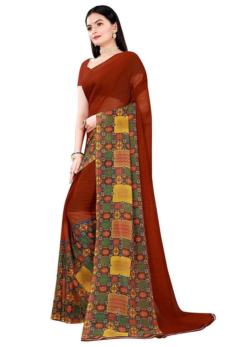Brown Printed Georgette Saree Set