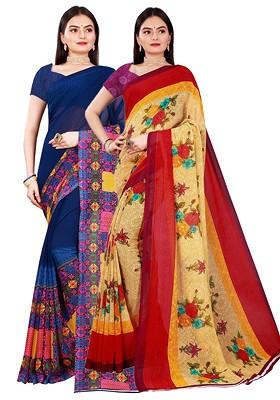 Beige Printed Georgette Saree Set (Set Of 2)
