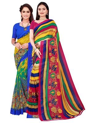 Pink Embroidered Georgette Saree Set (Set Of 2)