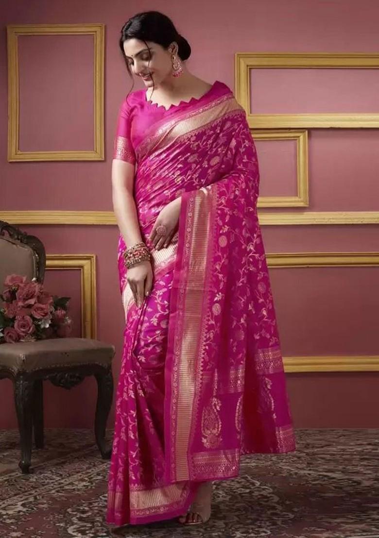 Pink Floral Silk Saree Set