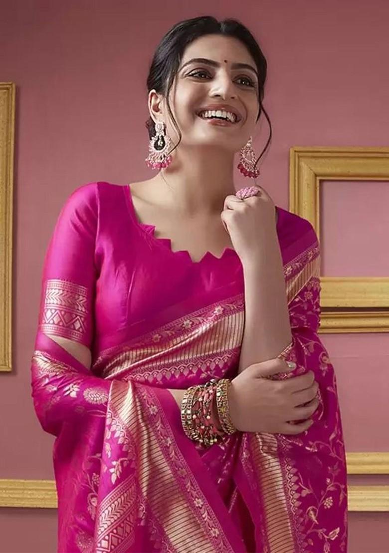 Pink Floral Silk Saree Set