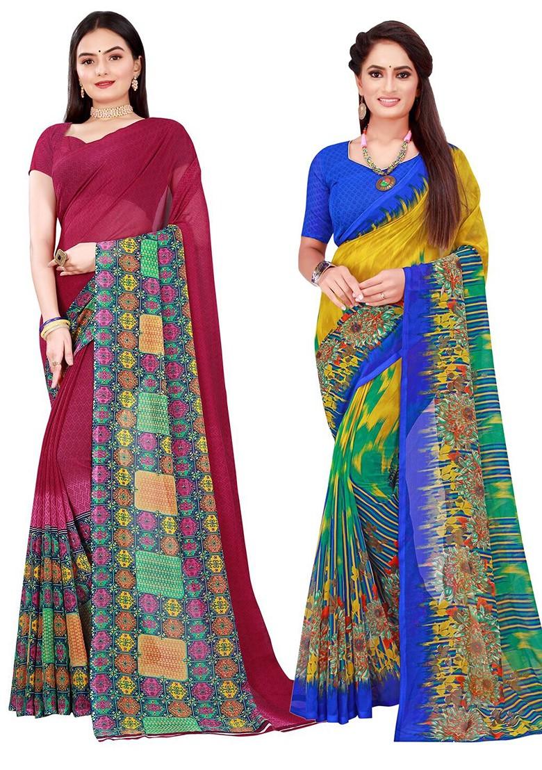 Maroon Embroidered Georgette Saree Set (Set Of 2)