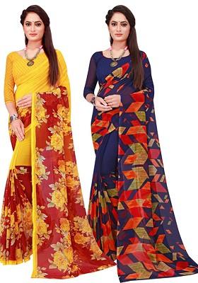 Navy Blue Embroidered Poly Blend Saree Set