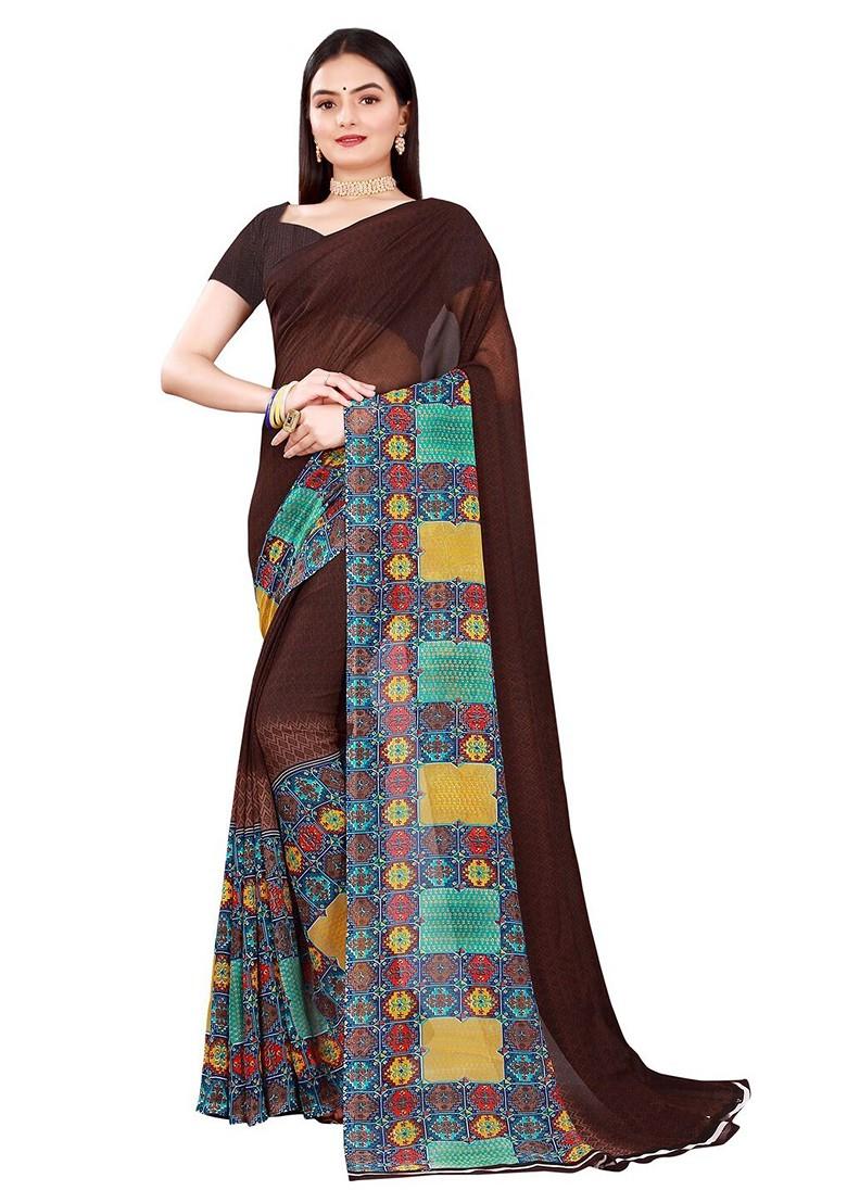 Brown Embroidered Georgette Saree Set