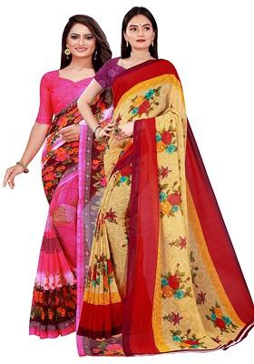Beige Printed Georgette Saree Set (Set Of 2)