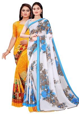 White Floral Georgette Saree Set (Set Of 2)