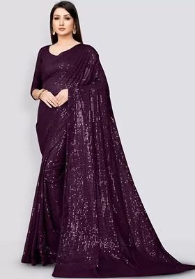 Burgundy Embellished Poly Blend Saree Set