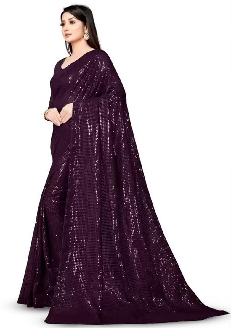 Burgundy Embellished Poly Blend Saree Set