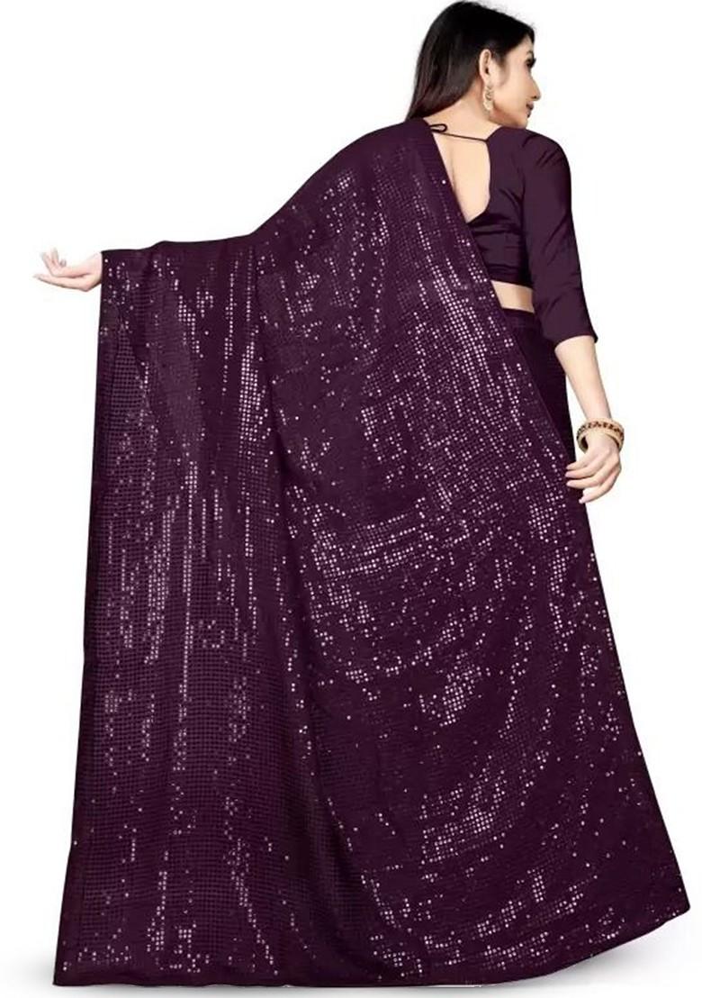 Burgundy Embellished Poly Blend Saree Set