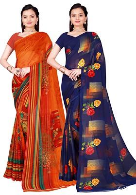Navy Blue Printed Georgette Saree Set (Set Of 2)
