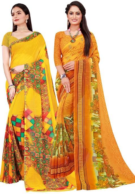 Yellow Embroidered Georgette Saree Set