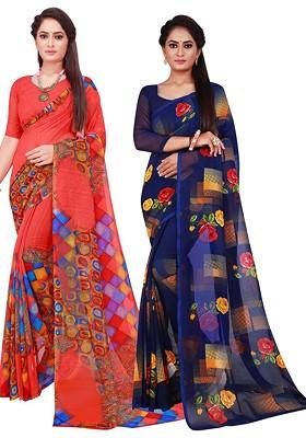 Navy Blue Embroidered Poly Blend Saree Set