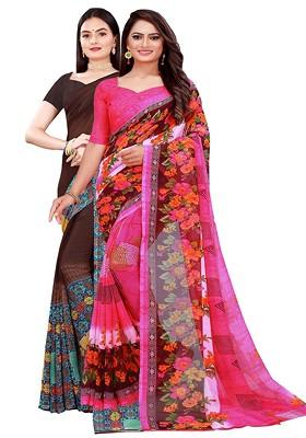 Brown Embroidered Georgette Saree Set
