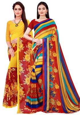 Yellow Embroidered Poly Blend Saree Set