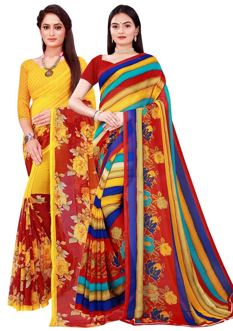 Yellow Embroidered Poly Blend Saree Set