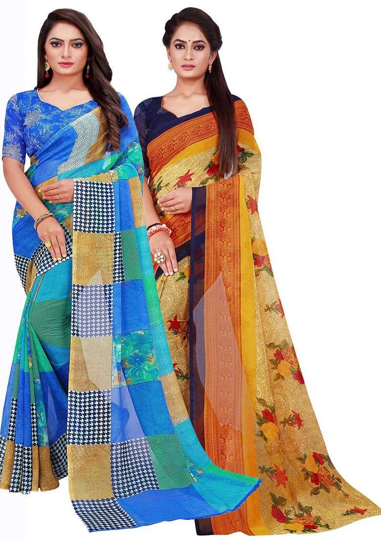 Blue Printed Georgette Saree Set - Indya
