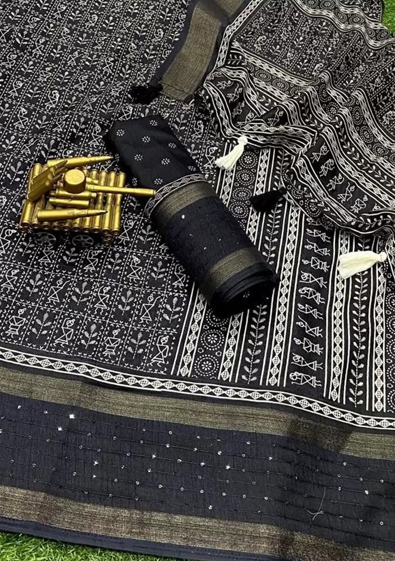 Black Floral Art Silk Saree Set