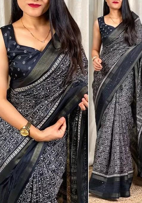 Black Floral Art Silk Saree Set