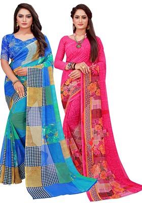 Pink Printed Georgette Saree Set