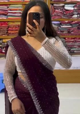 Burgundy Embellished Georgette Saree Set