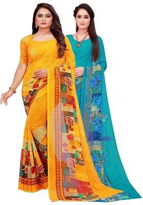 Turquoise Blue Embroidered Georgette Saree Set