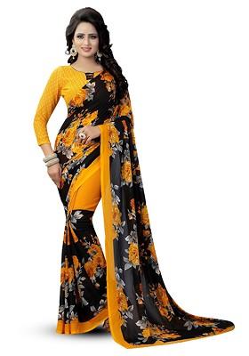 Yellow Floral Art Silk Saree Set