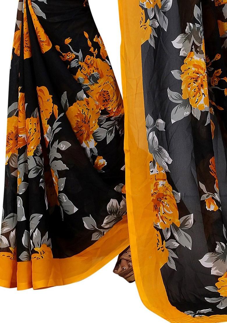 Yellow Floral Art Silk Saree Set