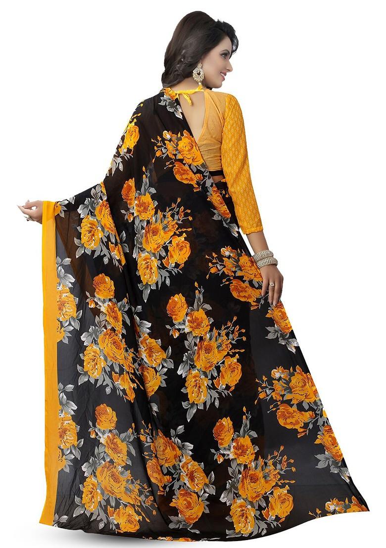 Yellow Floral Art Silk Saree Set